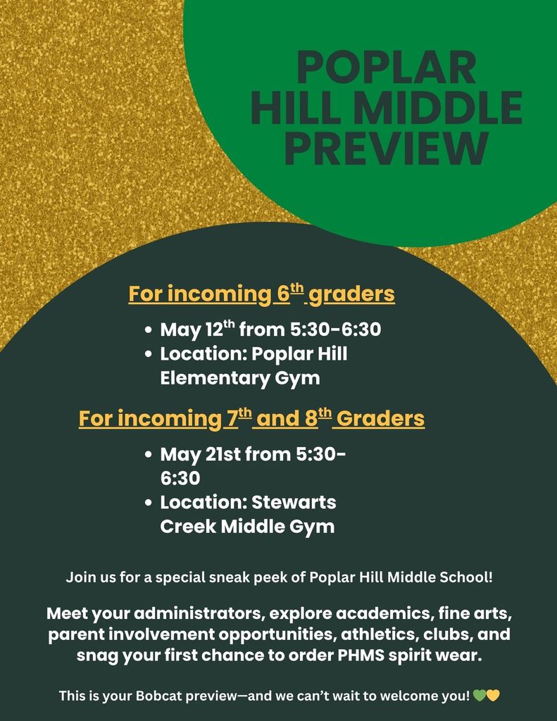 Gold and green design with "Poplar Hill Middle Preview" heading. Event details include May 12 for 6th graders at 5:30-6:30 and May 21 for 7th-8th graders at 5:30-6:30.
