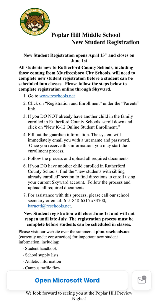 A page showing a school logo, text, and instructions for student registration. Instructions include a link, steps, and an email.