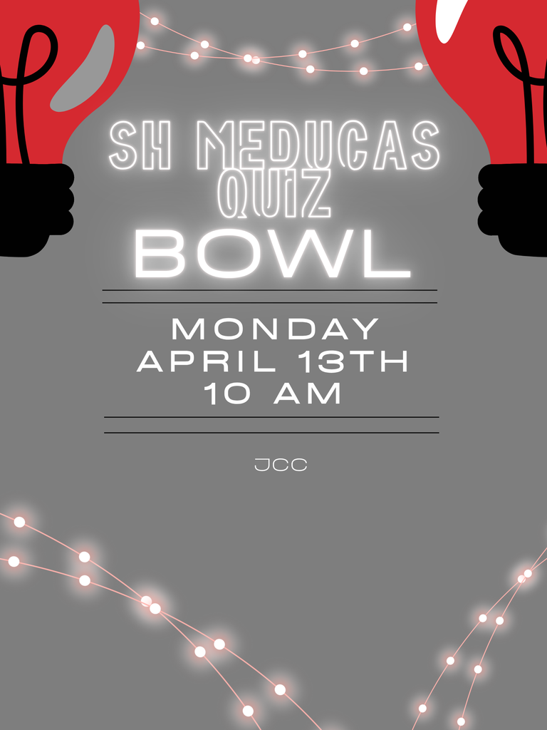 A gray promotional poster for a “SH Meducas Quiz Bowl” event, featuring glowing white text and decorative string lights across the top and bottom. Large red shapes resembling light bulbs appear on both sides. The event details read: “Monday, April 13th, 10 AM” with the location listed as “JCC.”