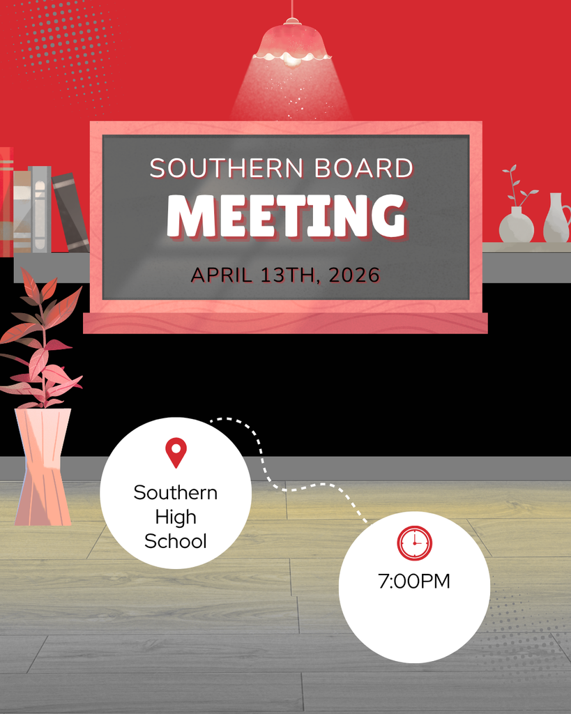 A red-themed promotional graphic announces a “Southern Board Meeting” scheduled for April 13th, 2026. The title appears on a chalkboard-style sign under a hanging lamp. At the bottom, circular icons display the location, Southern High School, and the time, 7:00 PM, connected by a dotted line. Decorative elements include books on a shelf, a small plant, and a tall vase with leaves on a wooden floor background.