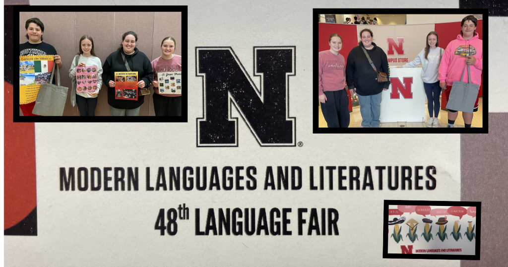 The UNL logo for their 48th World Language Fair is displayed.  As well as a photo of the Southern student participants with their poster entries and a picture of those same students on the UNL campus.