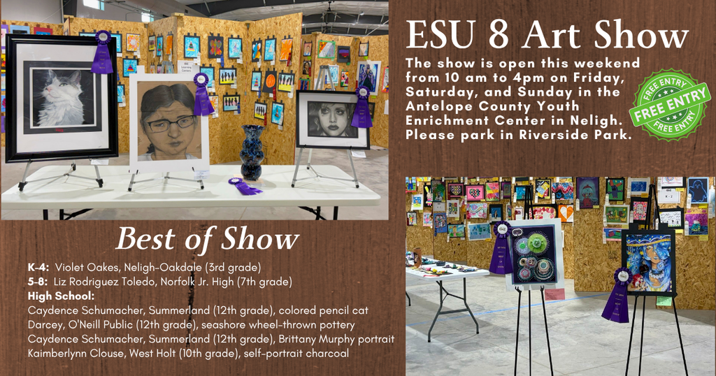Two photos, first showing 4 different pieces of artwork, 3 in frames and one piece of pottery. The second photo on the slide shows two pieces of artwork, each on easels with art hung on walls behind it. All of the artwork has a best of show purple bow attached to it.