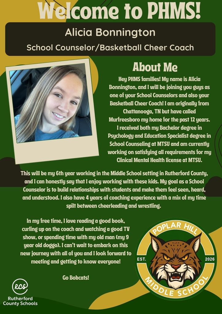 A poster features a smiling woman, Alicia Bonnington, with text and a school logo. The poster reads "Welcome to PHMS" and "Alicia Bonnington School Counselor/Basketball Cheer Coach."