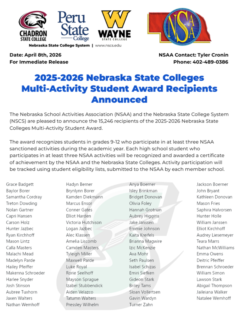 Congratulations to the 2025-2026 Nebraska State College System Multi-Activity Student Award recipients!