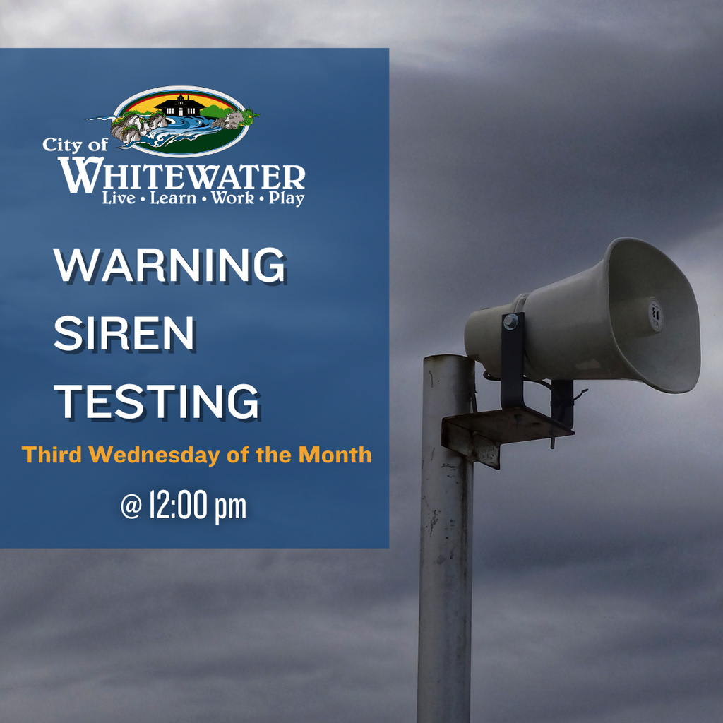 Warning siren testing: third Wednesday of every month at noon.