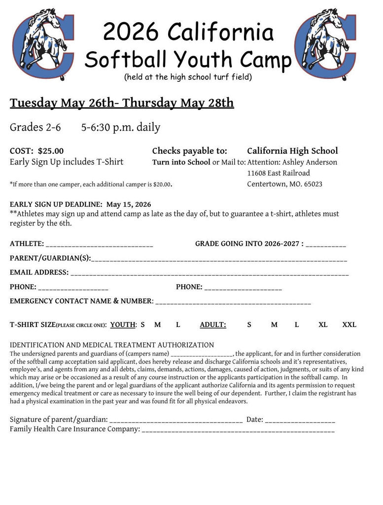 Softball Camp form