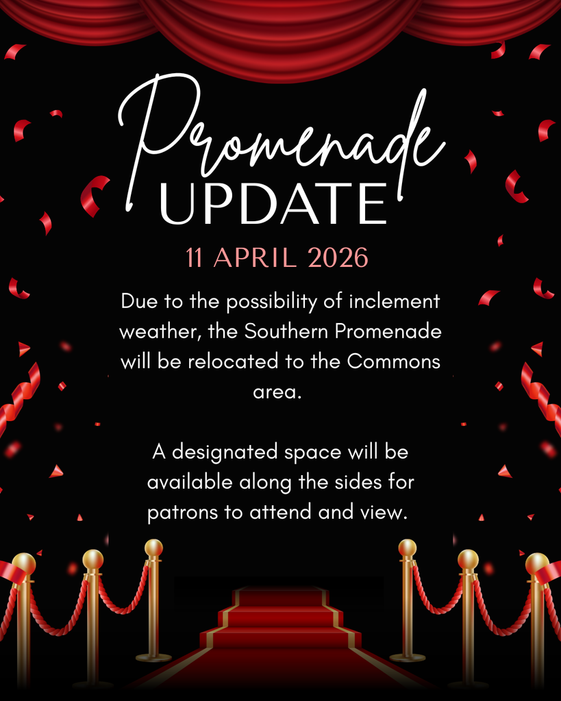 A black and red themed graphic with a stage curtain and confetti reads “Promenade Update – April 11, 2026.” The message explains that due to possible inclement weather, Southern’s Promenade will be moved to the Commons area, with designated viewing space available along the sides for patrons.