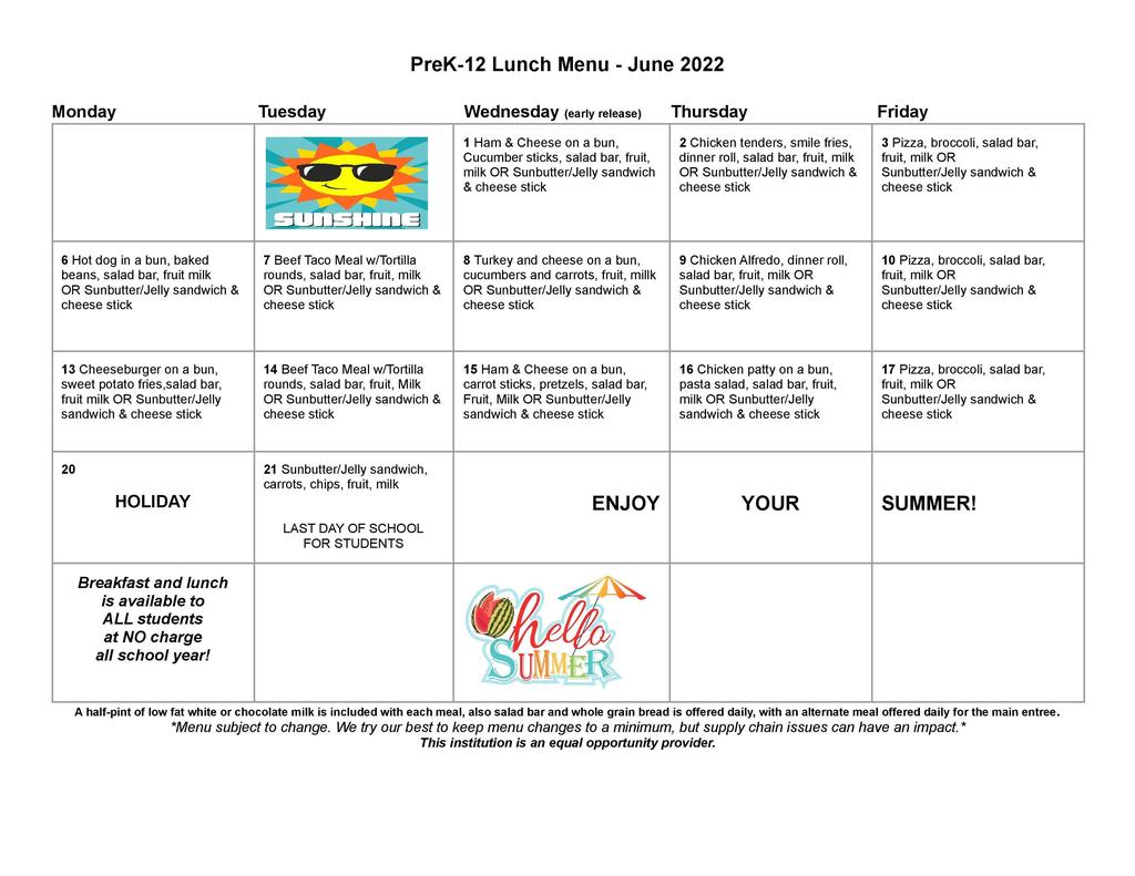 Updated June Lunch Menu