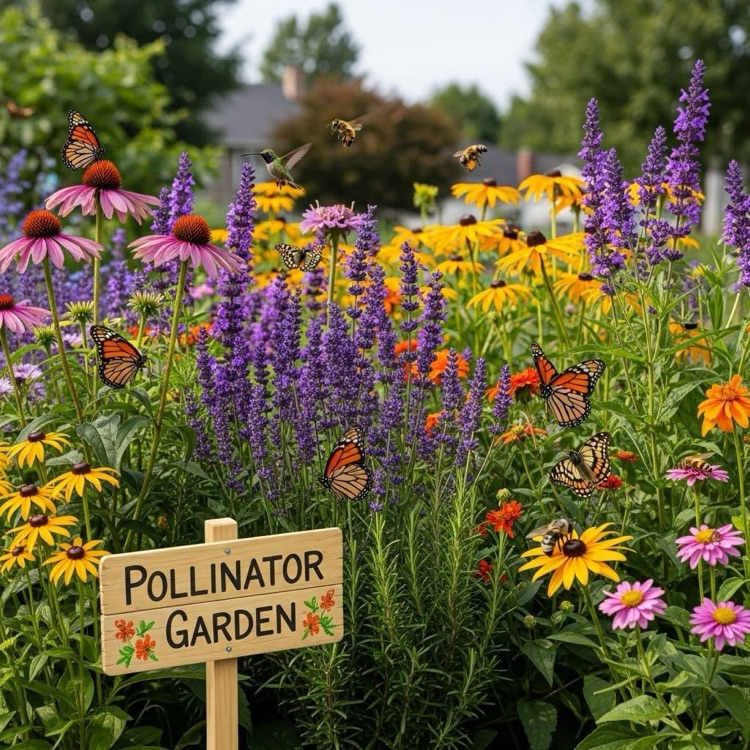 pollinator garden with birds and butterflies