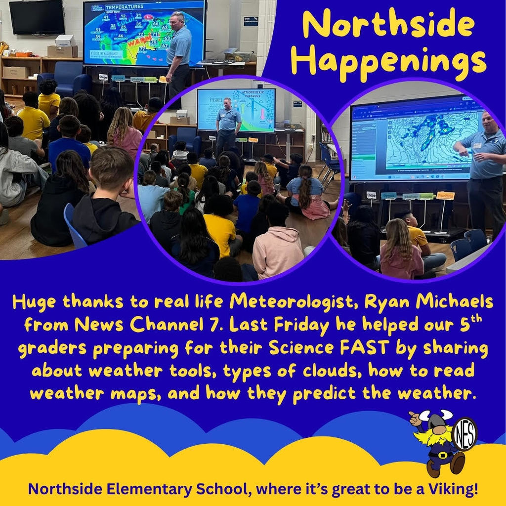 blue and yellow background with photos of students looking at meteorologist and weather on screen