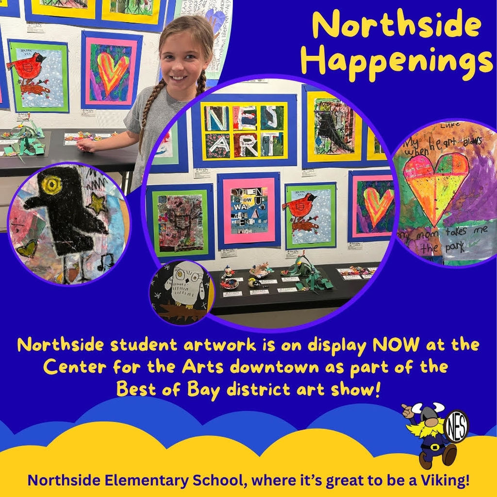 blue and yellow background with photos of children's artwork