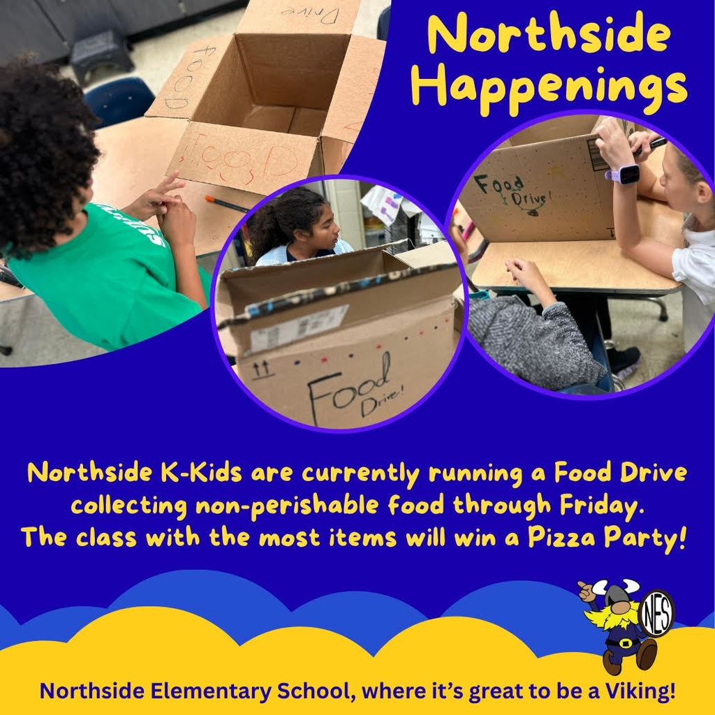 blue and yellow background with photos of food drive boxes being decorated by students