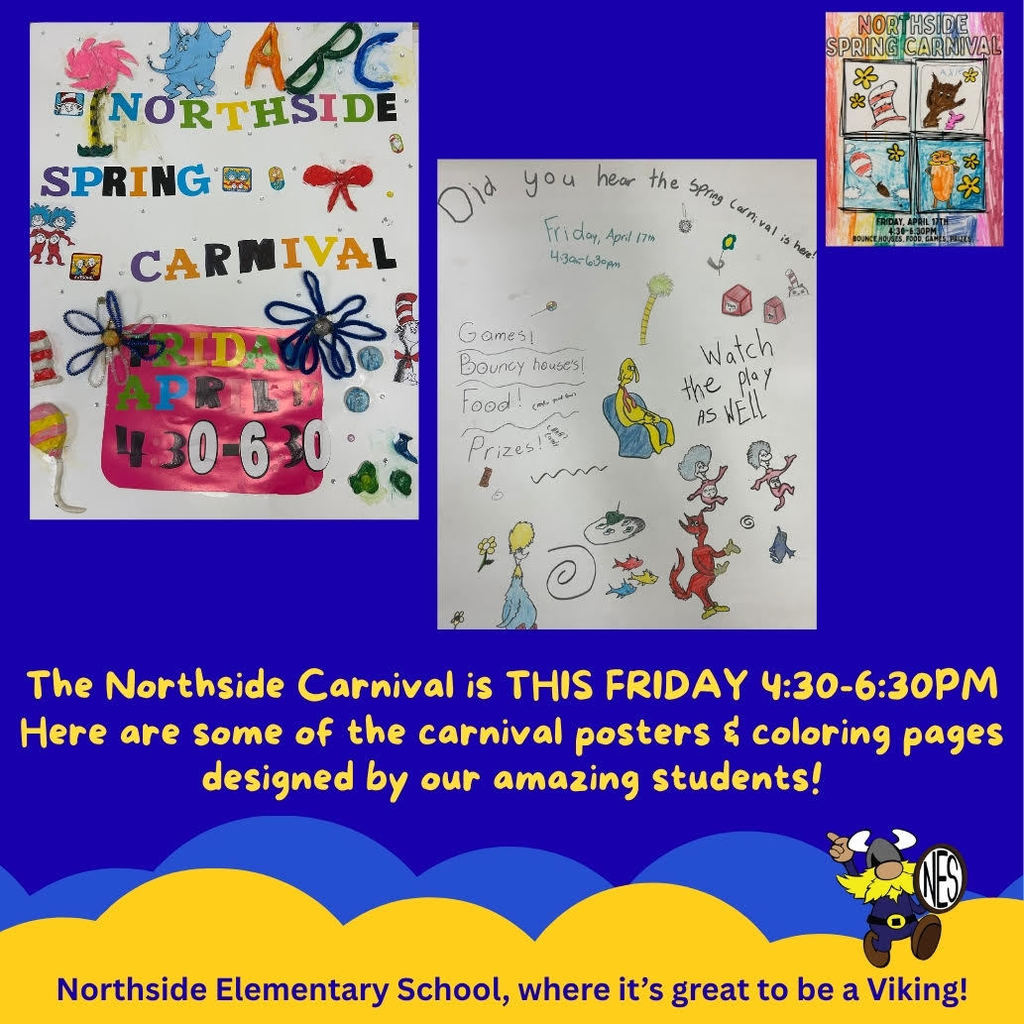 blue and yellow background with student poster designs for the carnival with Dr. Seuss characters.