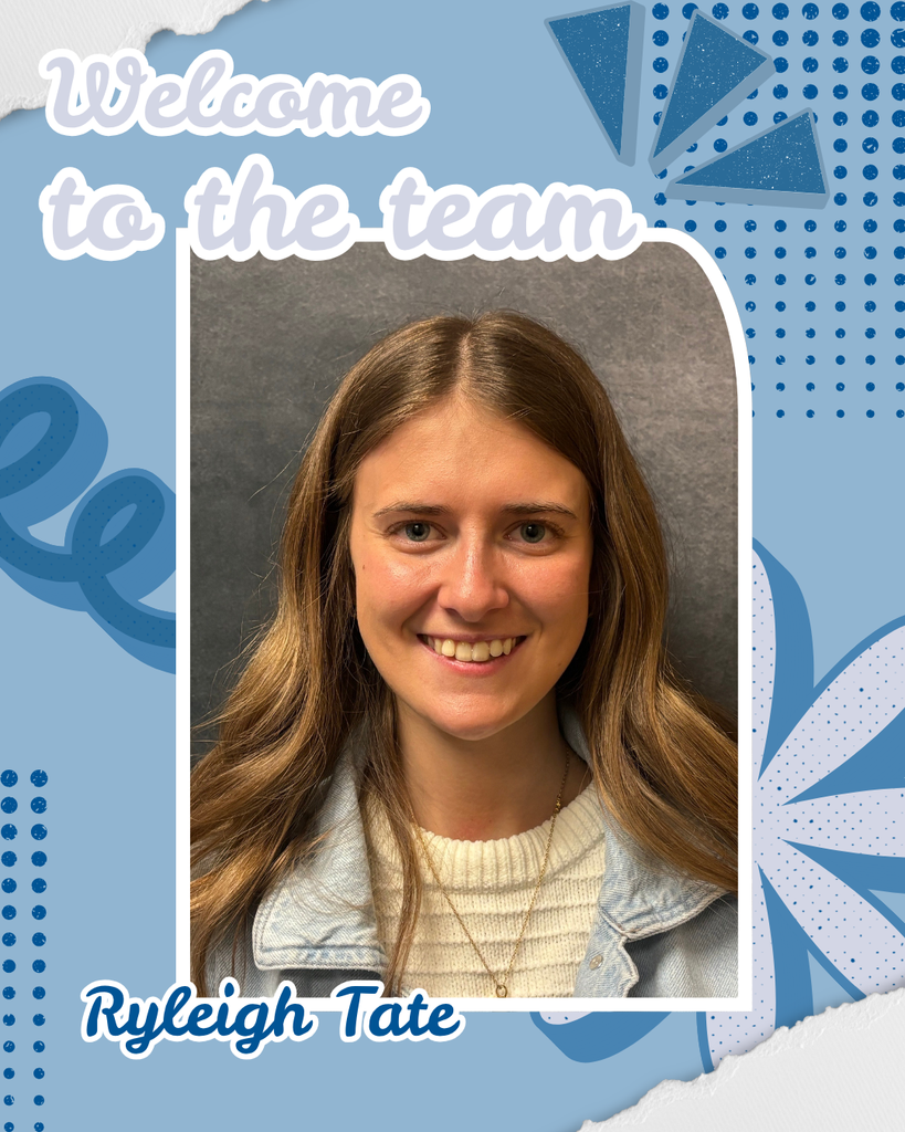 Graphic with the text ‘Welcome to the team’ at the top and a centered portrait photo of a new team member against a gray background. The person has long light-brown hair and is wearing a light knit sweater with a denim jacket. The design uses shades of blue with abstract shapes and dotted patterns. The name ‘Ryleigh Tate’ appears at the bottom