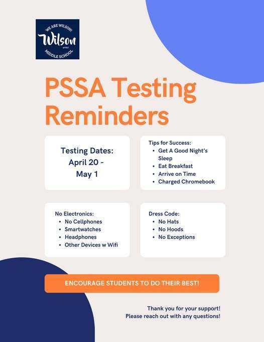 PSSA Testing Reminders flyer. 