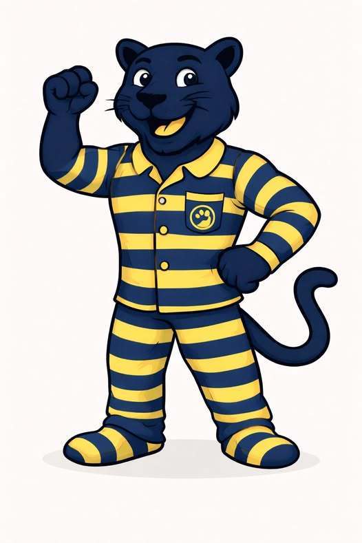 A bluue panther wearing blue and yellow striped pajamas. 