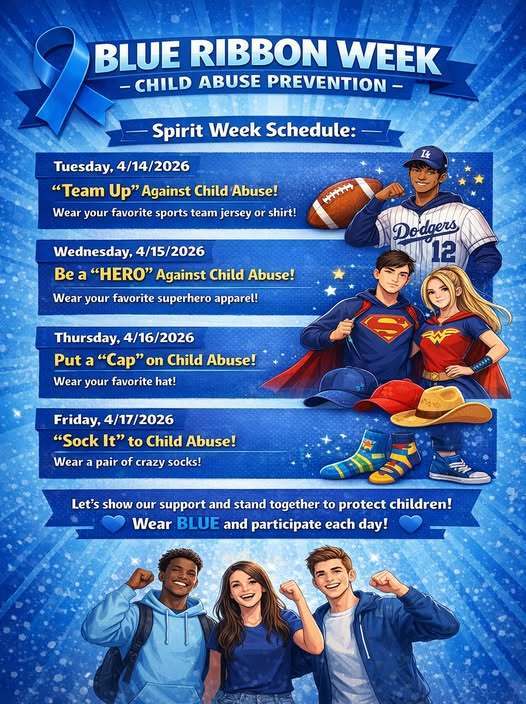 The Spirit Week Schedule for Blue Ribbon Week - Child Abuse Prevention.