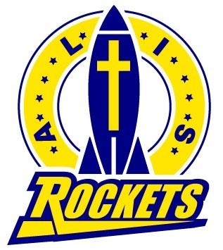 Rocket logo includes blue rocket with a yellow cross inside it.