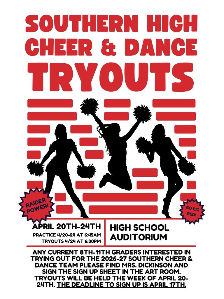 Southern cheer and dance team flyer with red and black designs with tryout information written at the bottom.