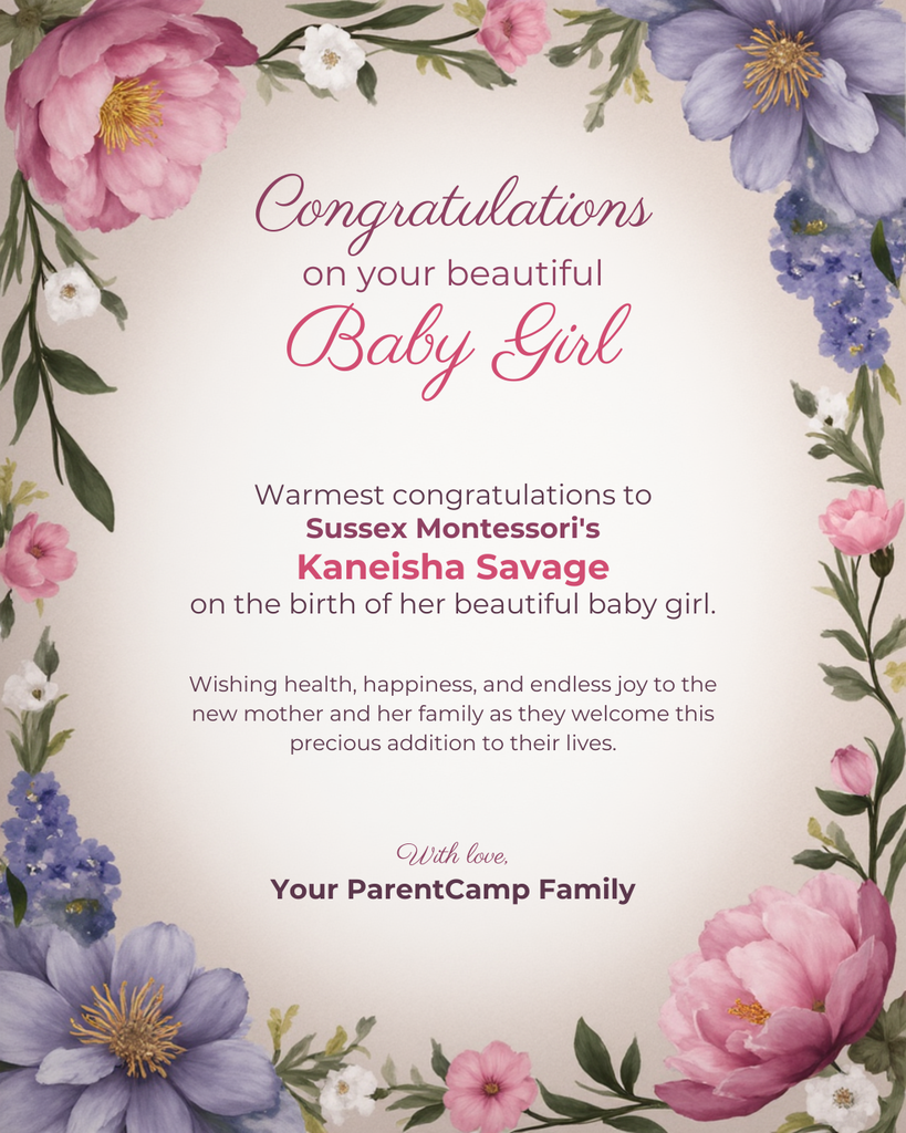 A floral border displays a card with congratulations to Kaneisha Savage for her baby girl. The message wishes health and happiness to the new mother.