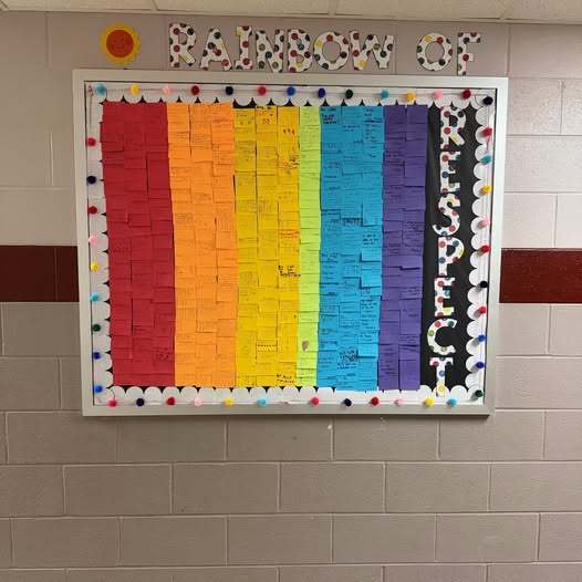 "Rainbow of Respect" billboard with colorful sticky notes on it that make a rainbow. 