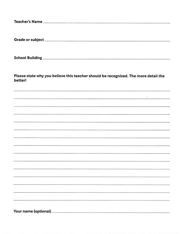 Nomination form for teacher of the year.
