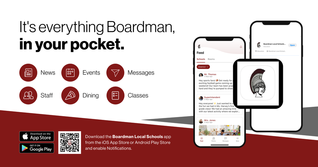 Boardman schools app with news, events, staff, dining, messages. download free from apple store or google play