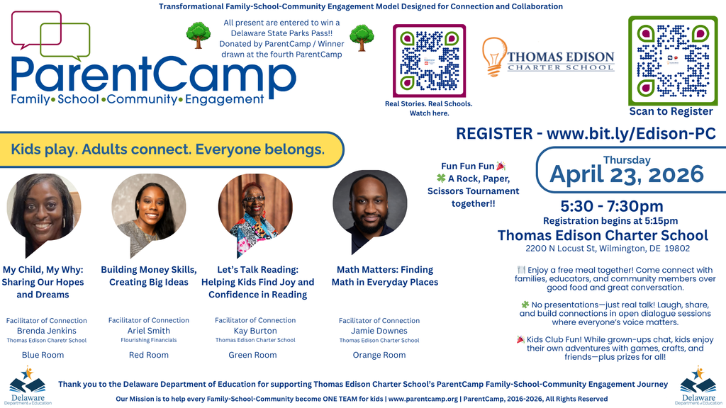 A poster for ParentCamp on April 23, 2026, featuring adults and children, schedules, and logos.