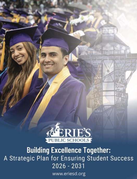 The cover of the Erie's Public Schools 2026 - 2031 Strategic plan that shows two students smiling during their graduation. 