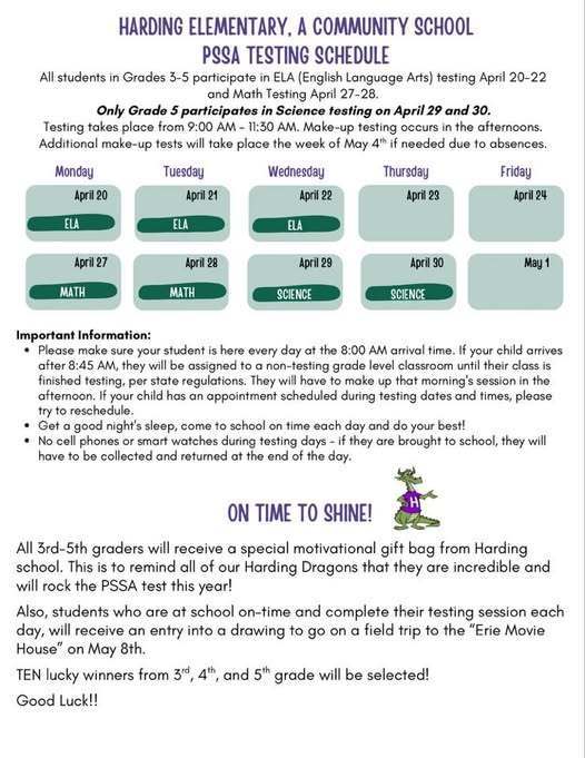 Flyer for PSSA Testing Schedule at Harding Elementary School. 