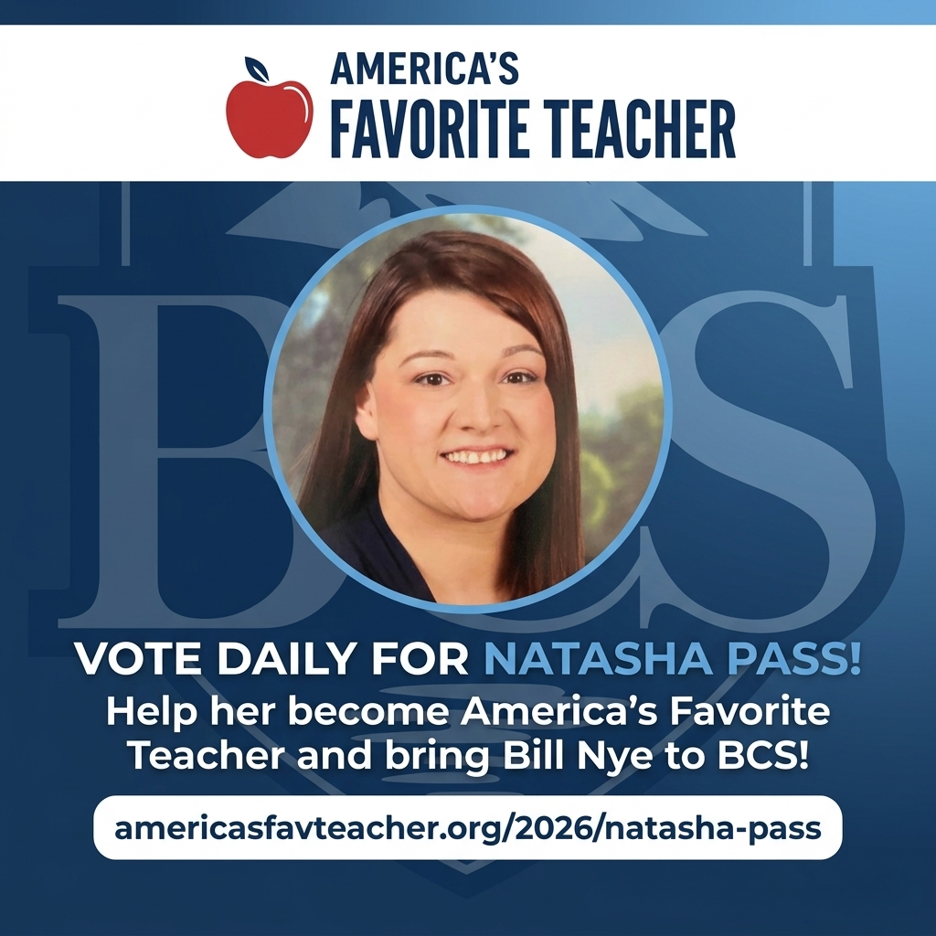 A square social media graphic featuring a centered portrait of a smiling woman in a circular frame against a stylized blue background with mountain motifs. At the top of the graphic, a banner contains the text 'AMERICA'S FAVORITE TEACHER' in bold navy blue capital letters to the right of a red apple icon with a green leaf and dark stem. Below the portrait, bold white text reads, 'VOTE DAILY FOR NATASHA PASS!' with 'Help her become America's Favorite Teacher and bring Bill Nye to BCS!' in a slightly smaller font below. At the very bottom, a button-like element contains the voting link: 'americasfavteacher.org/2026/natasha-pass' with small social media icons for Facebook, Instagram, and X in the bottom corner with the text 'VOTE EVERY DAY!' below them. Let me know if you are ready for me to draft a caption to go with this graphic for any of the contest rounds.