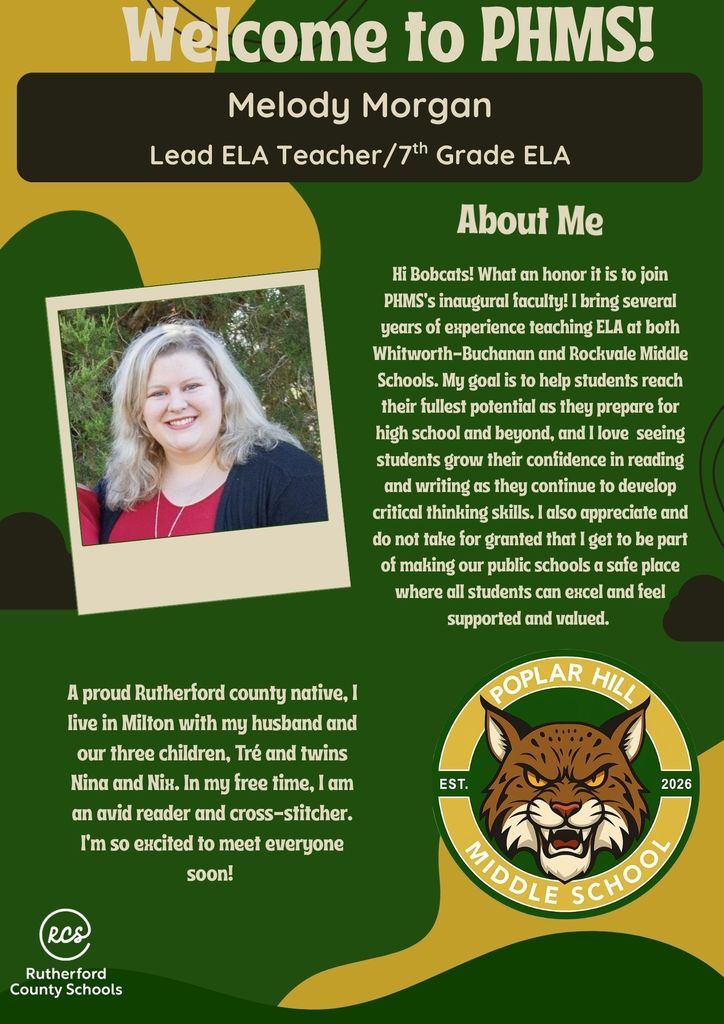 Green banner with text, a photo of a woman smiling, and the logo of Poplar Hill Middle School.