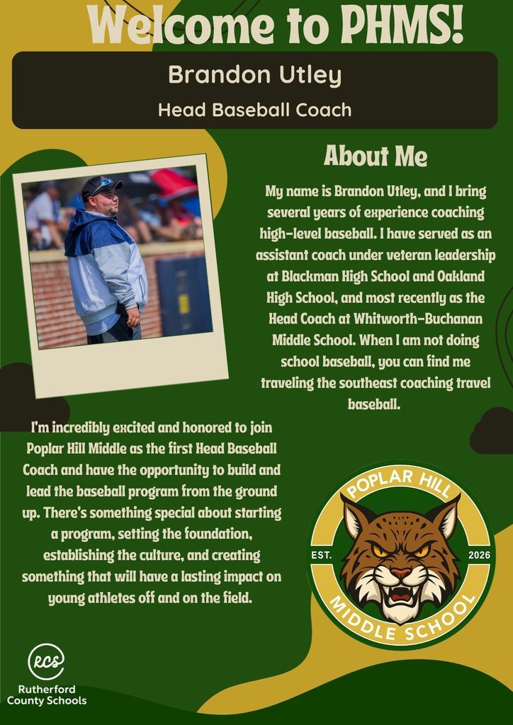 A green background displays a man in a baseball uniform. A text reads "Brandon Utley Head Baseball Coach" with a small picture of the man.