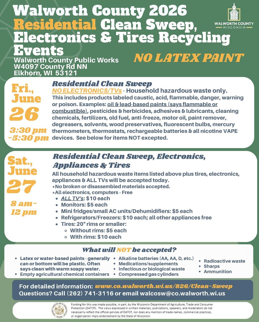 Walworth County 2026 Residential Clean Sweep. SAVE THE DATES!