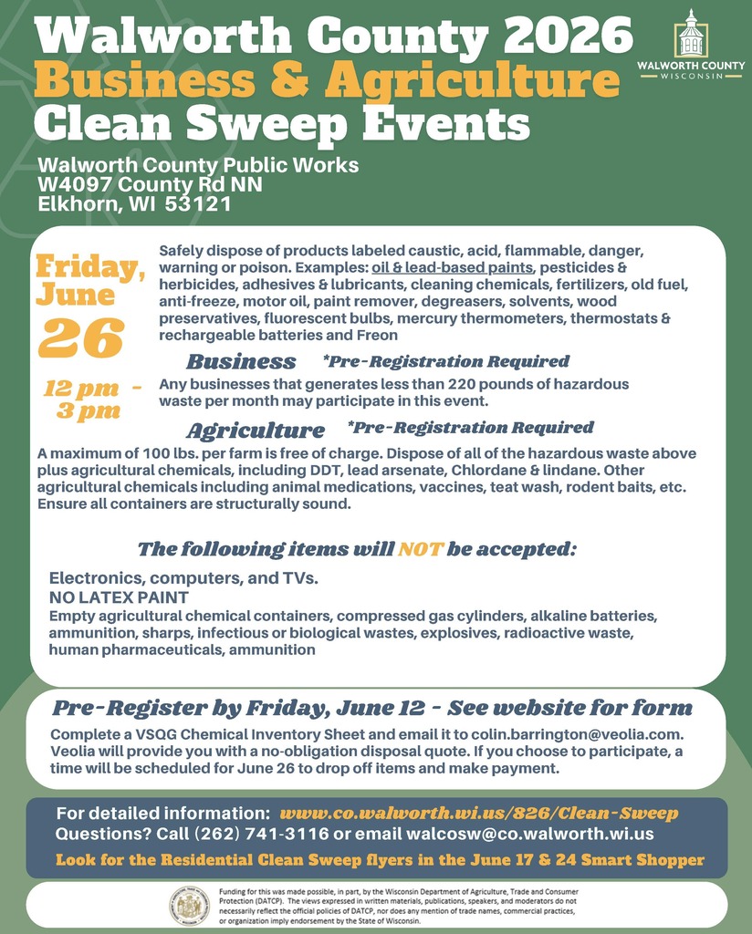 Walworth County 2026 Business and Agriculture Clean Sweep. SAVE THE DATES!