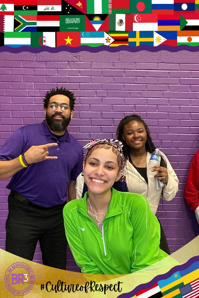 Three people taking a photo with a boarder of different flags around the photo and on the bottom left it says #CultureofRespect.