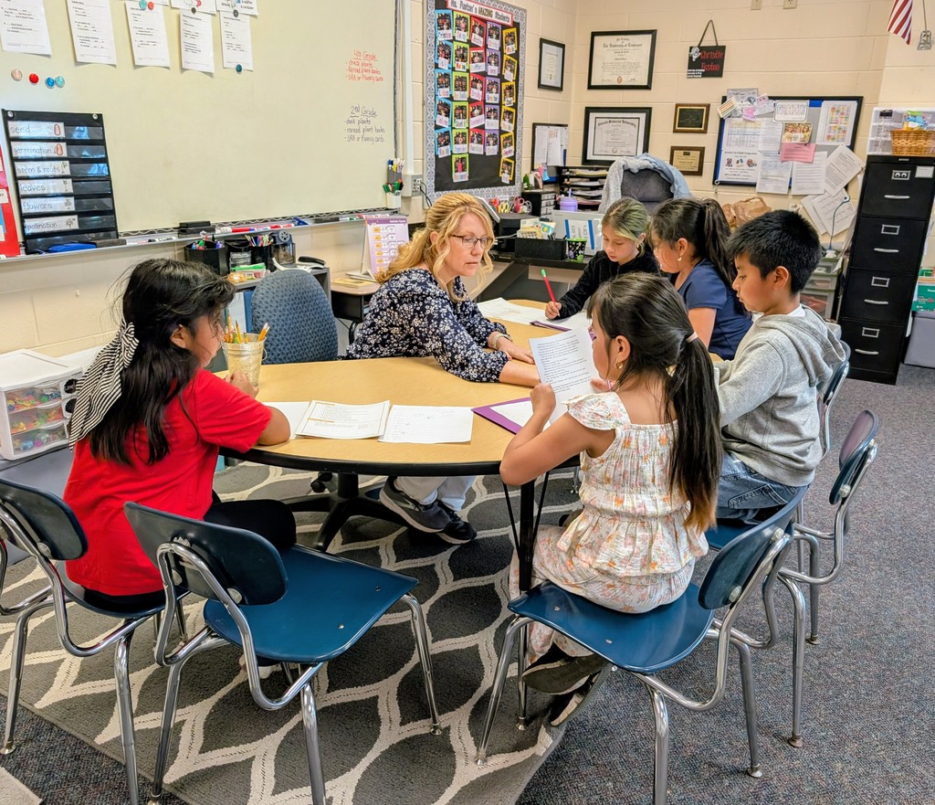 Alt Text: Christie Fuston, a blonde female teacher wearing a navy floral shirt and glasses, sits at a kidney-shaped wooden table in a classroom. She is working closely with five elementary-aged students who are focused on reading and writing materials. The classroom background features student work, educational posters, and teacher certifications on the wall.