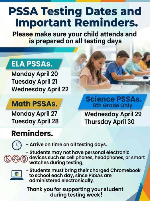 PSSA Testing Dates and Important Reminders flyer. 