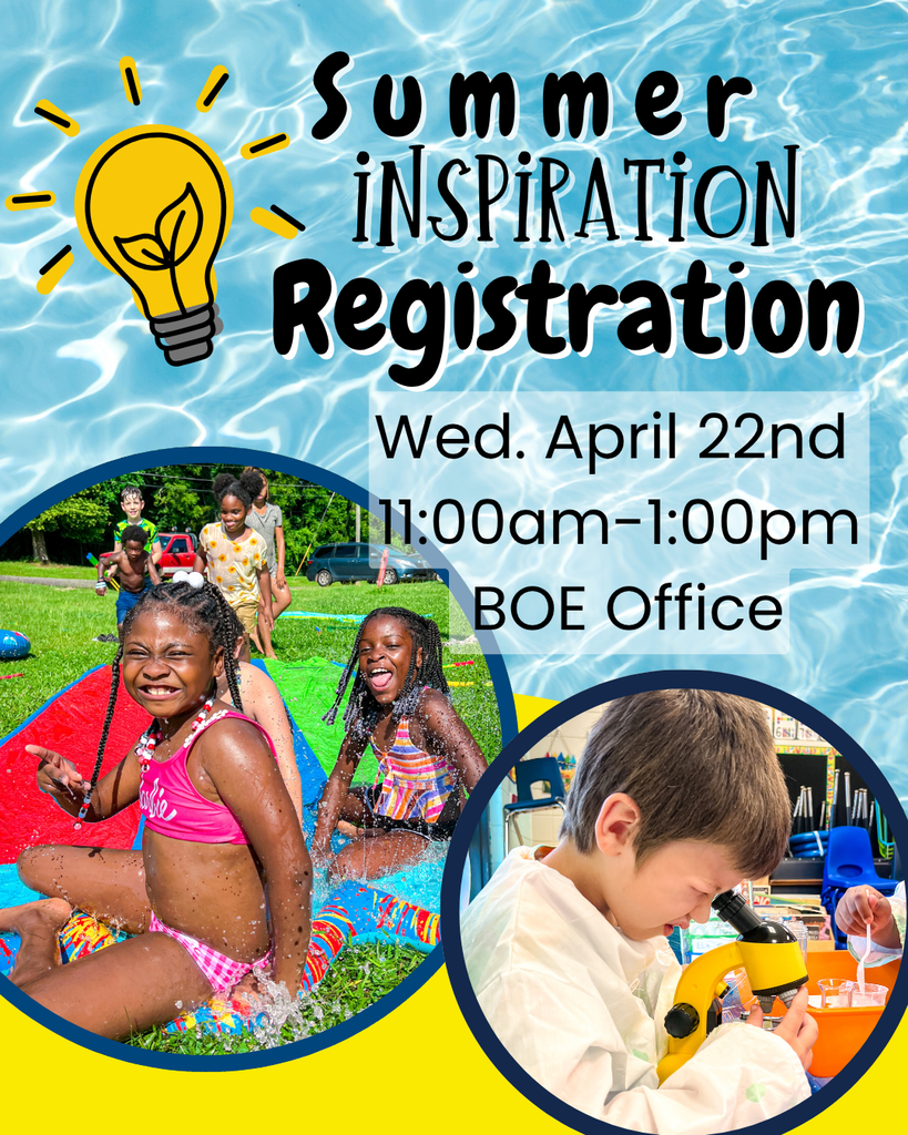 Advertisement for Summer Inspiration Registration. Images of children in water and a child looking through a microscope. Date: April 22.