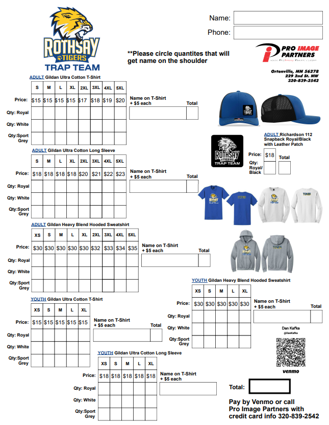 Trap form with prices to order gear.
