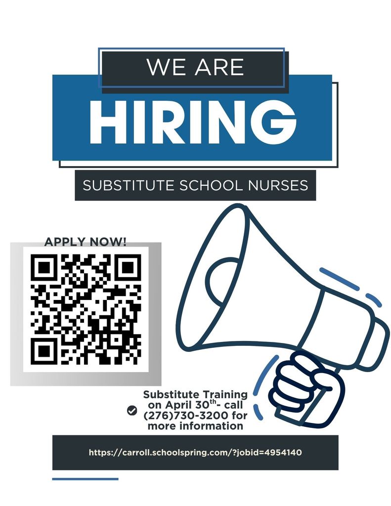We are Hirining Substitute School Nurses sSubstitute Training on April 30th call 2767303200 for more information