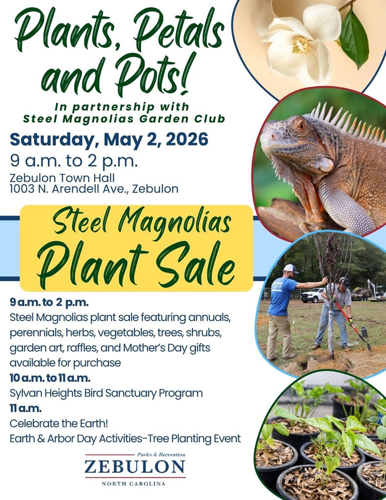 flyer listing the date, location and times for the plant sale, bird sanctuary program and tree planting at Zebulon Town Hall on May 2 from 9 am to 2 pm