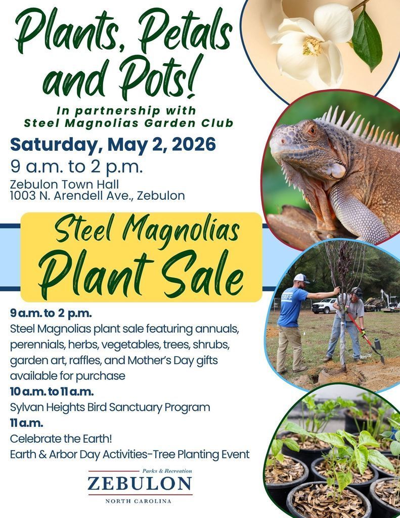 flyer listing the date, location and times for the plant sale, bird sanctuary program and tree planting at Zebulon Town Hall on May 2 from 9 am to 2 pm