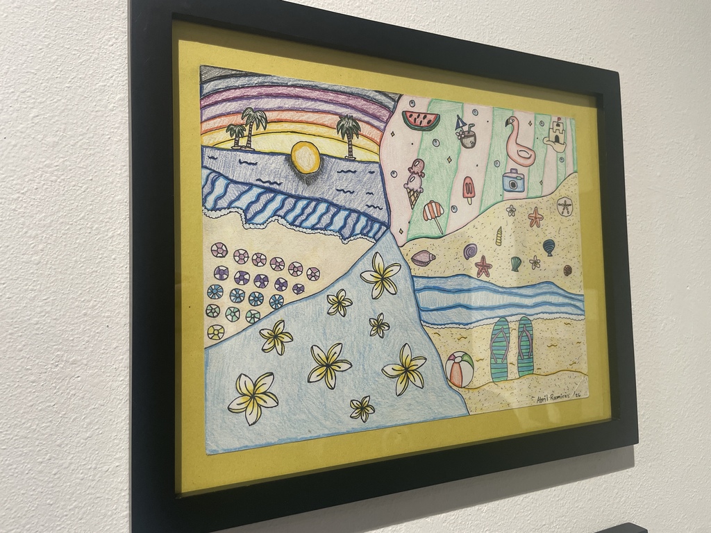 student drawing of a beach scene