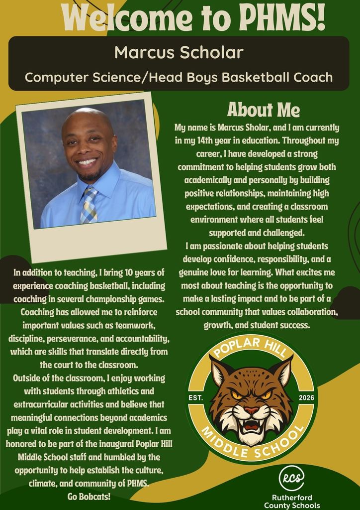 A flyer featuring Marcus Scholar, Computer Science and Boys Basketball Coach. It includes his photo, a brief bio, and text about his coaching and teaching experience.