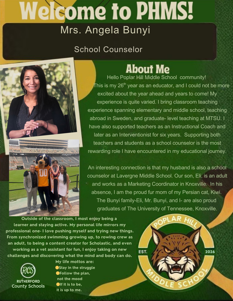 A green flyer introduces Mrs. Angela Bunyi, a school counselor, with a photo of her. The flyer has a cat logo and mentions her background in education.