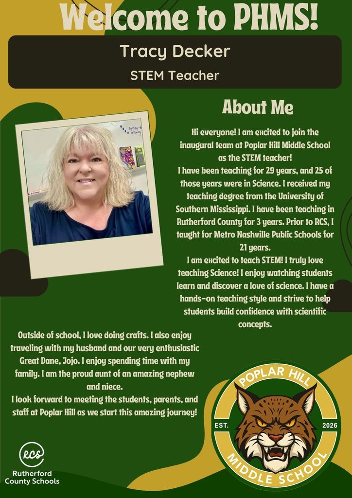 A green, white, and black poster welcomes Tracy Decker as a STEM teacher at Poplar Hill Middle School. Includes a photo and details of her teaching experience.