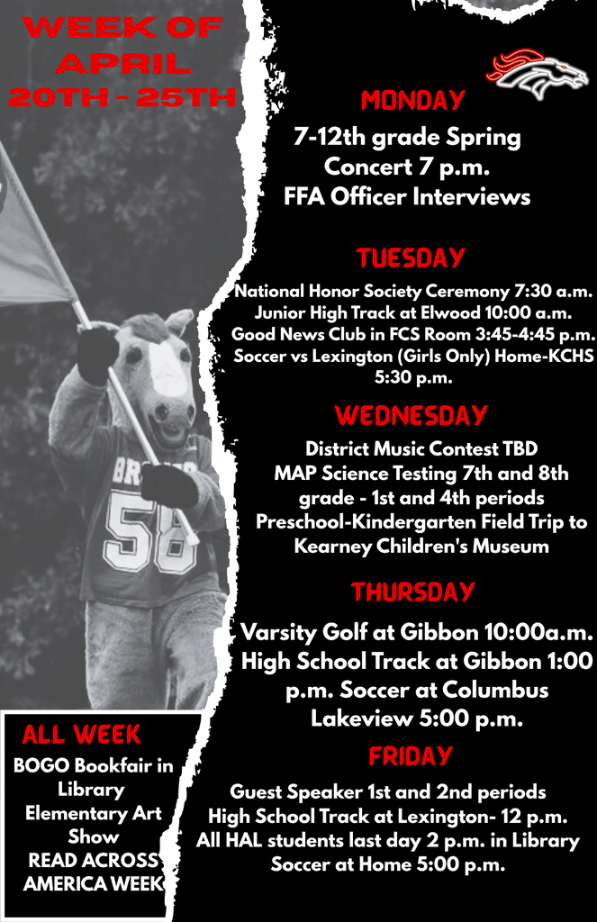 Weekly Activity Poster with a summary of activities for each day of the week (April 20-26) graphics include the Amherst Bronco head and the Mascot carrying a flag