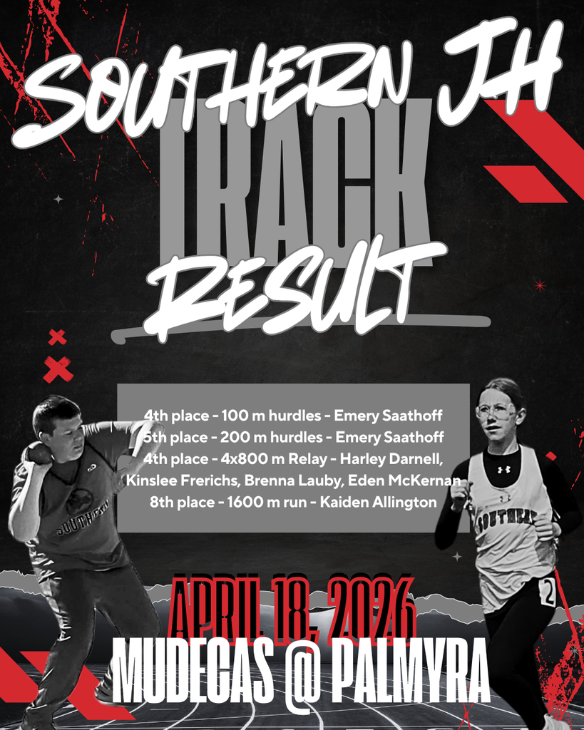 Graphic titled “Southern JH Track Result” with a black, red, and gray design featuring two track athletes. Results listed: Emery Saathoff placed 4th in the 100m hurdles and 5th in the 200m hurdles; the 4x800m relay team of Harley Darnell, Kinslee Frerichs, Brenna Lauby, and Eden McKernan placed 4th; Kaiden Allington placed 8th in the 1600m run. Event noted as MUDECAS at Palmyra on April 18, 2026.