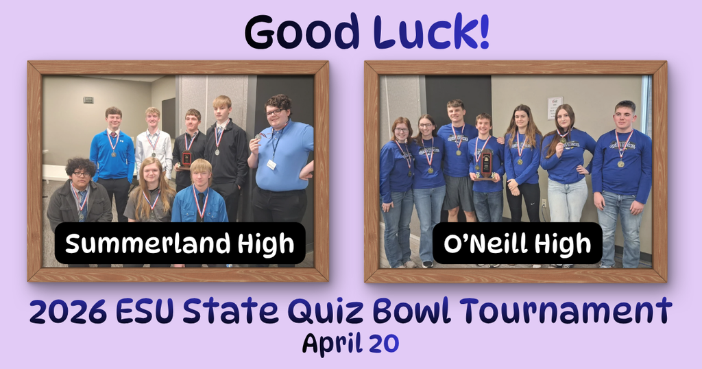 Two framed photos, one of the Summerland High School Quiz Bowl team and the other of the O'Neill High School Quiz Bowl team. 